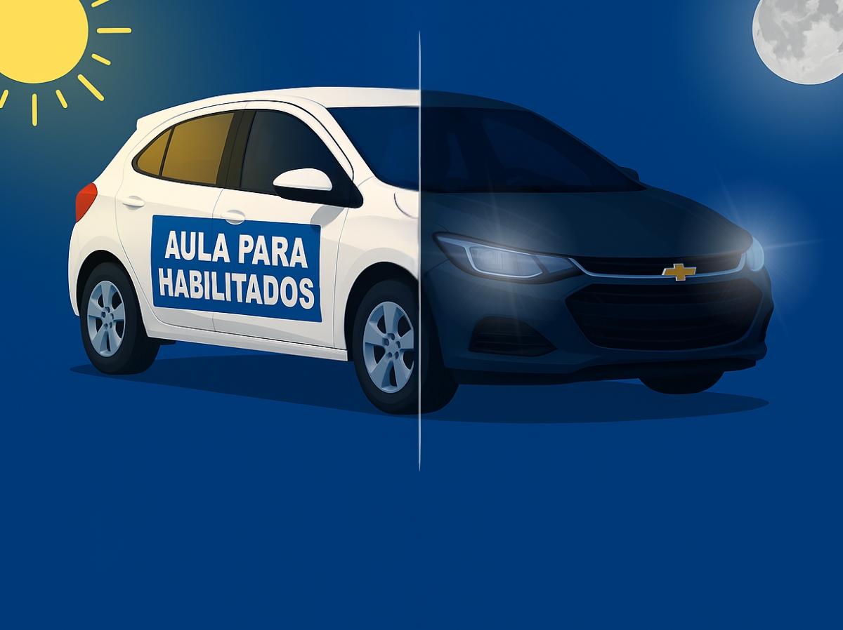 Carro dividido entre dia e noite, representando horários flexíveis